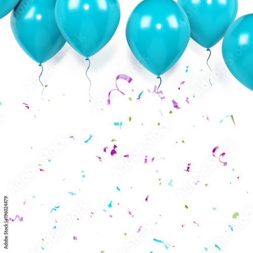 Aqua balloons with  confetti on white background. 3D illustration of celebration balloons