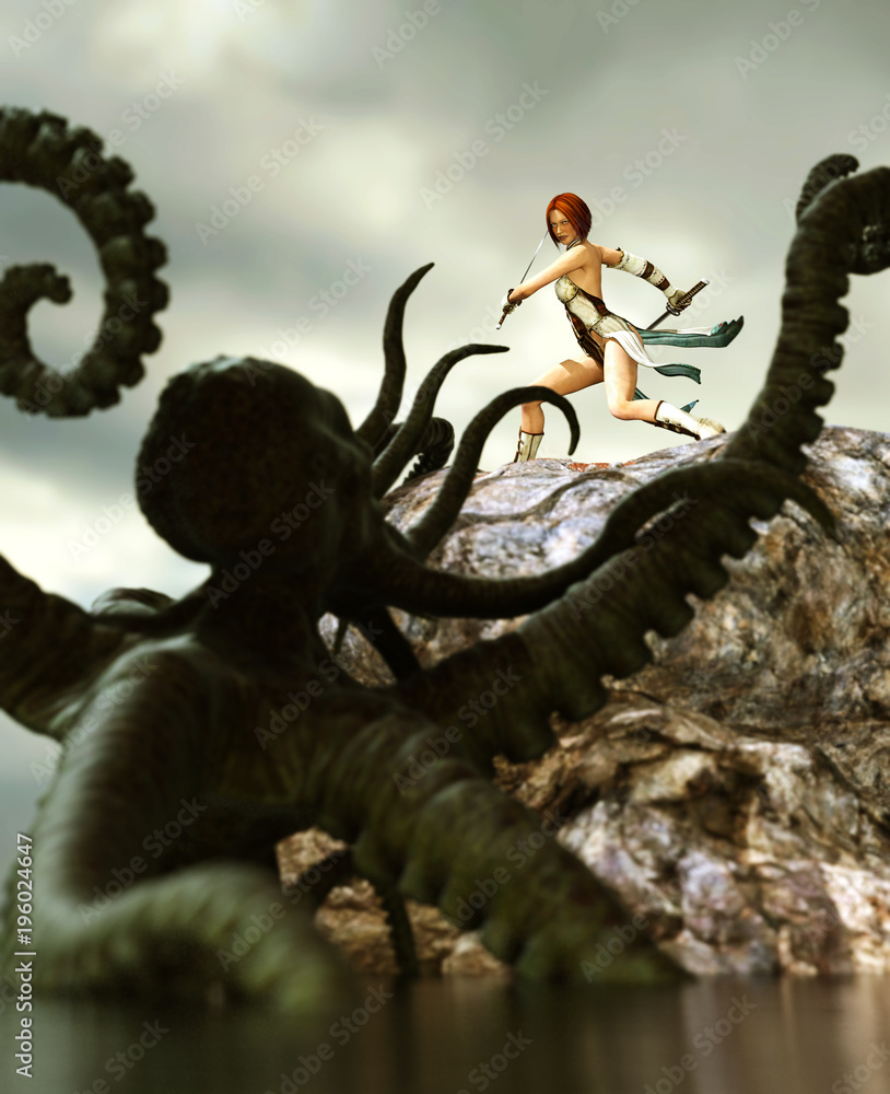 3d fantasy illustration,female warrior being attack by a sea monster,book  cover or book illustration concept background Иллюстрация Stock | Adobe  Stock