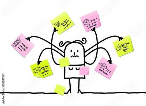 Cartoon Woman Multitasking with Sticky Notes