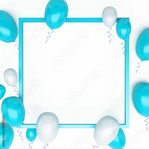 Aqua and white balloons with, Gold frame and clear path on center isolated on white background. 3D illustration of holidays, party, birthday balloons