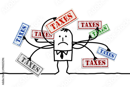 Cartoon man with Too Many Taxes