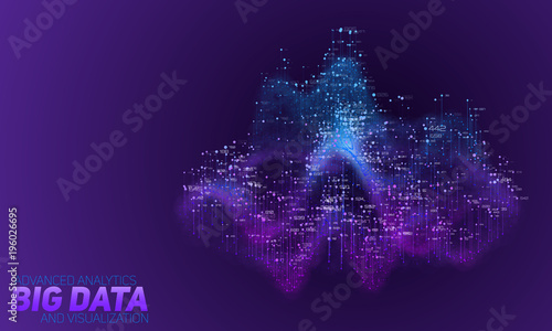 Vector abstract 3D big data visualization. Futuristic infographics aesthetic design. Visual information complexity. Intricate data threads graphic. Social network or business analytics representation