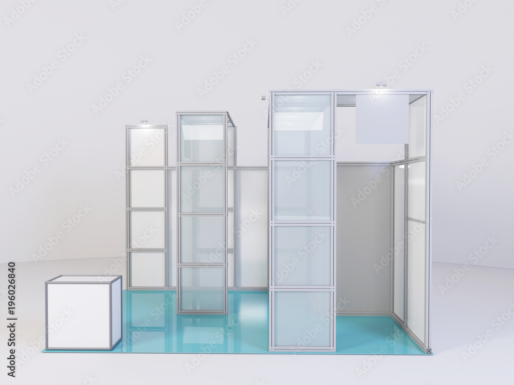 Trade exhibition stand, Exhibition 3D rendering visualization of exhibition equipment,space on background Trade exhibition stand, Exhibition 3D rendering visualization of exhibition equipment,space on background