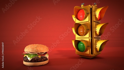 3D illustration of burger in front of a traffic light concept
