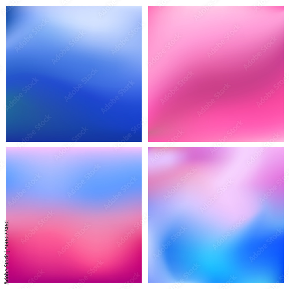 Abstract vector blue pink blurred background set. 4 colors set. Square blurred blue backgrounds set - sky clouds sea ocean beach colors