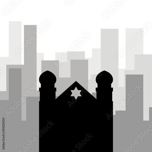 Religion in the city. Black icon of the synagogue against the background of city skyscrapers