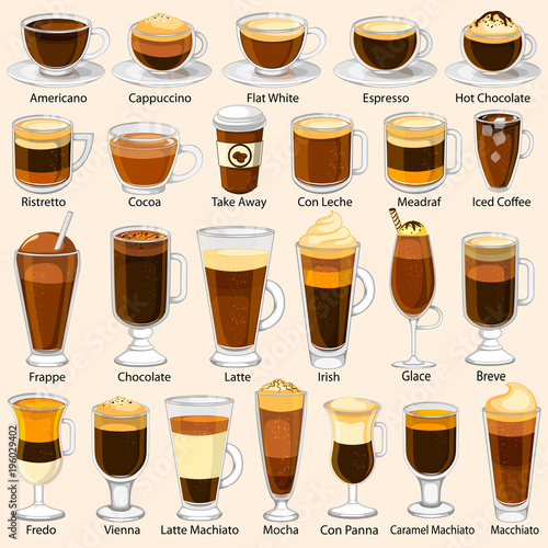 Different variety of coffee beverage drink photo