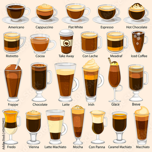 Different variety of coffee beverage drink