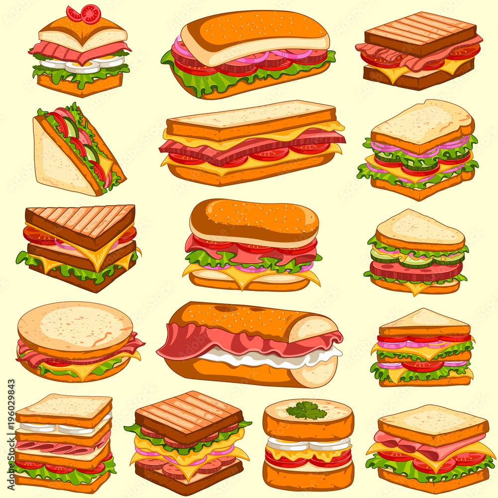Fresh Sandwich Vector Different variety of fresh and tasty Sandwiches and Burgers Stock ...