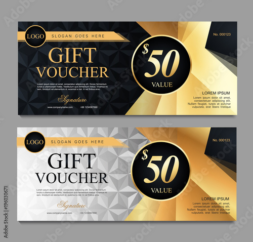 Voucher template with gold certificate. Background design coupon, invitation, currency. Set of stylish gift voucher with golden ribbon pattern. gift card, coupon.Isolated from the background.