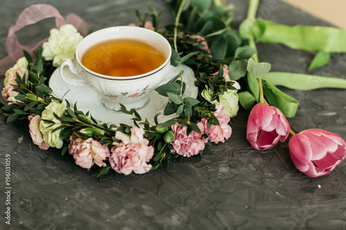 Cup of tea, flowers, herbs, tulips, Flatlay