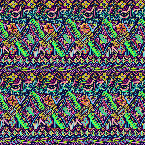 Tribal pattern. Ethnic print. Aztec. Abstract fabric. Cloth design. Style. Boho. Tie dye. Hippie. Flower. Nature. Simple doodles. Boho homespun. Hand drawn seamless vector.
