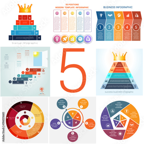 Set universal templates elements Infographics conceptual cyclic processes for 5 positions