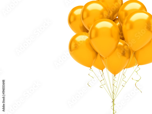 Gold balloons on the top right corner with golden ribbons isolated on white background. Close-up 3D illustration of beautiful, candy, glossy balloons
