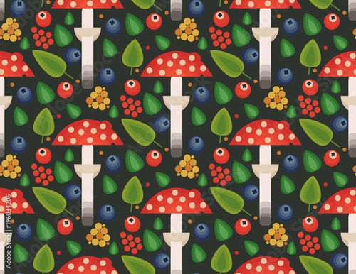Vector flat style seamless pattern with forest mushrooms. Pattern with forest berries and mushroom, strawberries, deep, blueberries, mountain ash, cranberries, leaf, acorn