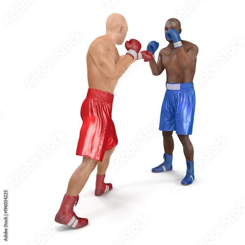 Two men boxer wearing helmet and gloves boxing on white. 3D illustration