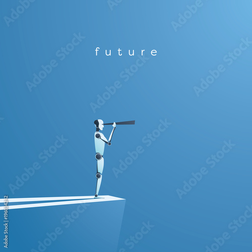 Ai or artificial intelligence vector concept with ai robot looking throught telescope into future. Symbol of technology advance, innovation, automation.