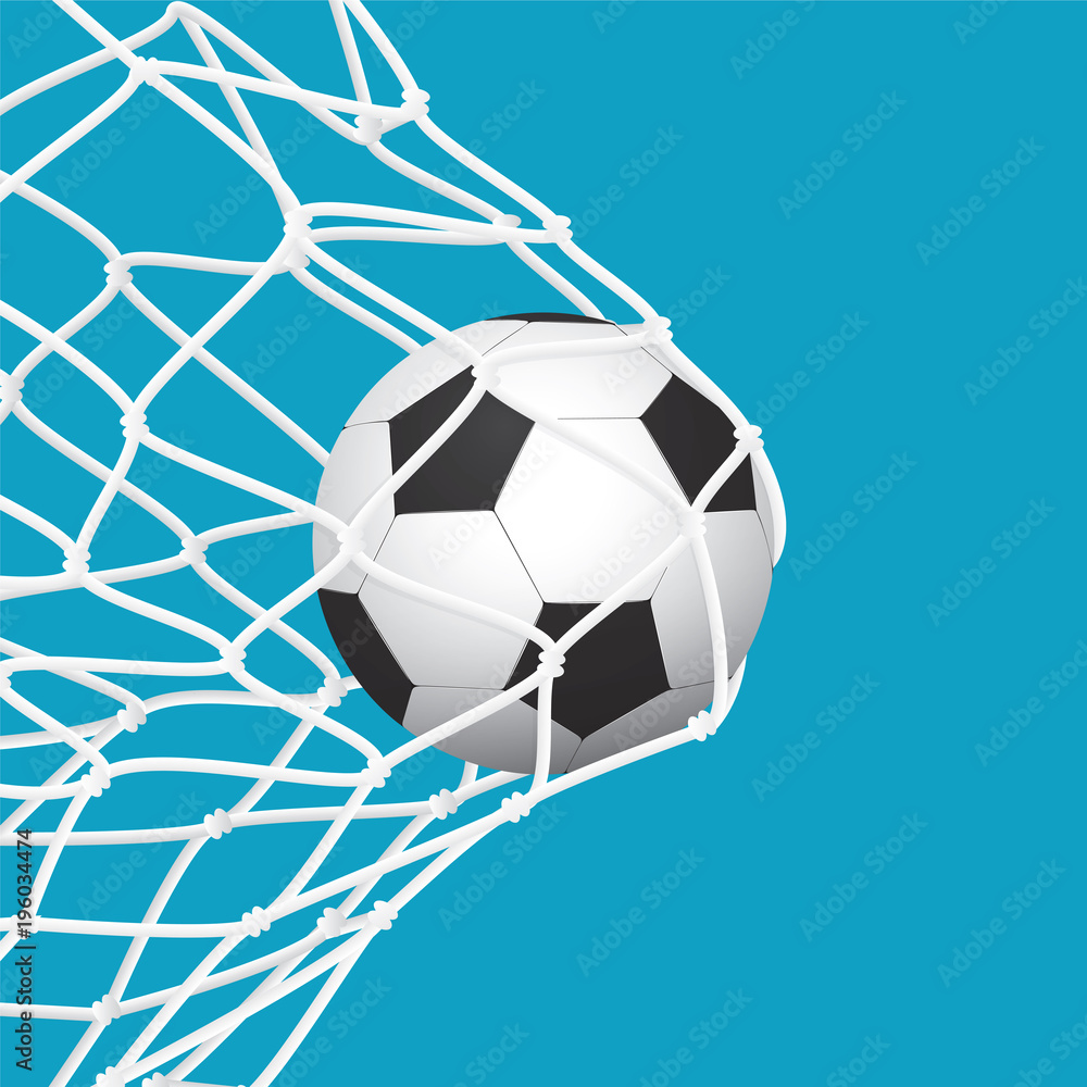 Obraz premium Football / Soccer Goal. Ball in Net on Blue Background.