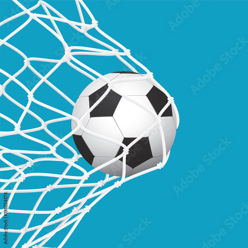 Football   Soccer Goal. Ball in Net on Blue Background.