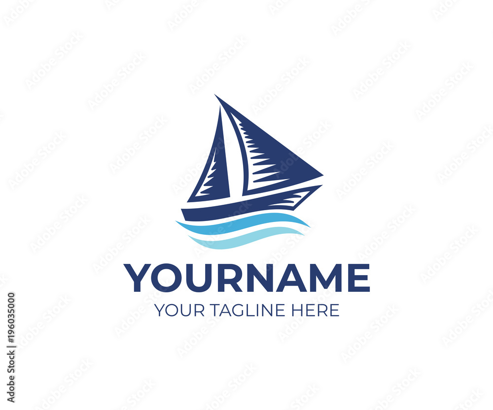 Sailboat on waves logo template. Ship and cruise travelling vector design. Sea transport, vessel illustration