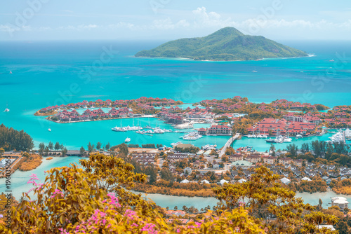 Aerial view of Mahe' Island, Seychelles. Autumn colors of vegetation and homes