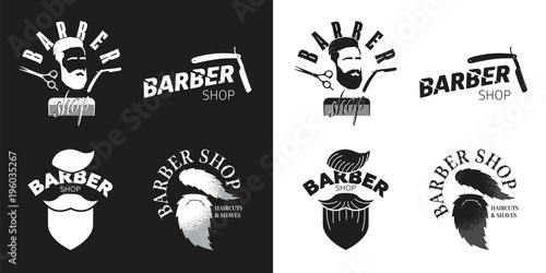 sign Barbershop. Scissors, knife for shaving, silhouette bearded man