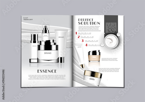 Magazine of skin care set on the left and cream with ingredients and information on the right