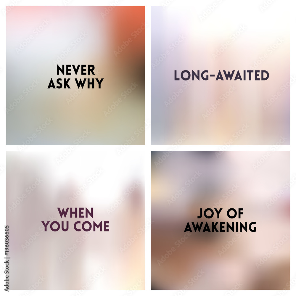 Abstract vector silvery gray white blurred background set. Square blurred backgrounds set - under sea ocean beach colors With love quotes