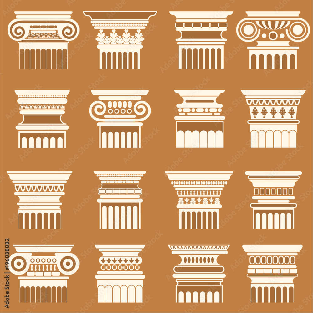 Vector ancient greek roma column capitals silhouette set.