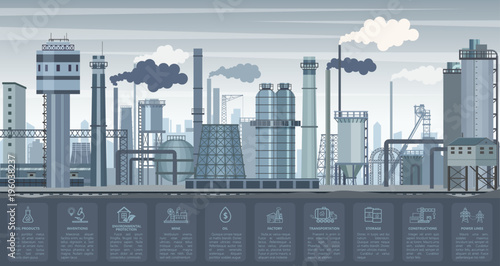 Industrial infographics with factories and plants and icons symbols charts. Vector Industry illustration.