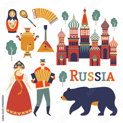 Russia icons set. Vector collection of Russian culture and nature images, including St. Basil s Cathedral, russian doll, balalaika, portrait of Russian beauty in kokoshnik. Isolated on white.