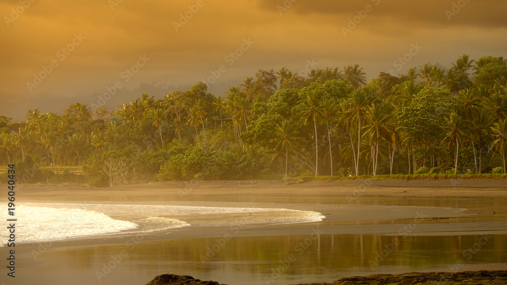 Lush tropical vegetation rolling down from hills to beautiful beach at sunrise.
