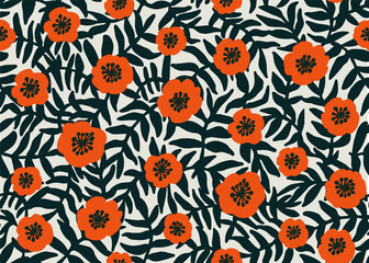 Acrylglasbilder Mohnblumenmuster Retro Mohnmuster auf beigem Hintergrund  © ✦ Bizarre Factory ✦