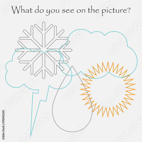 Find hidden objects on the picture, weather theme, mishmash contour set, fun education game for kids, preschool activity for children, vector illustration