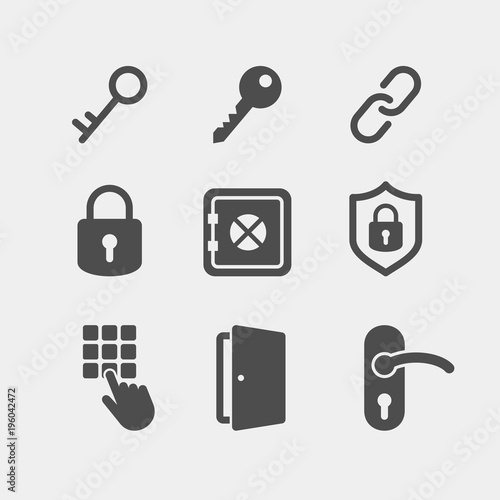 Padlock flat vector icons set. Doors flat vector icons set. Keys flat vector icons set. Lock, key, pincode, door handle, door, chain, protection flat vector icons
