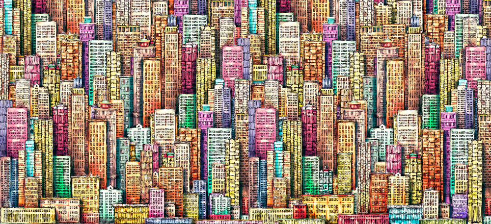 Hand drawn background with big city. Illustration with architecture, skyscrapers, megapolis, buildings, downtown.