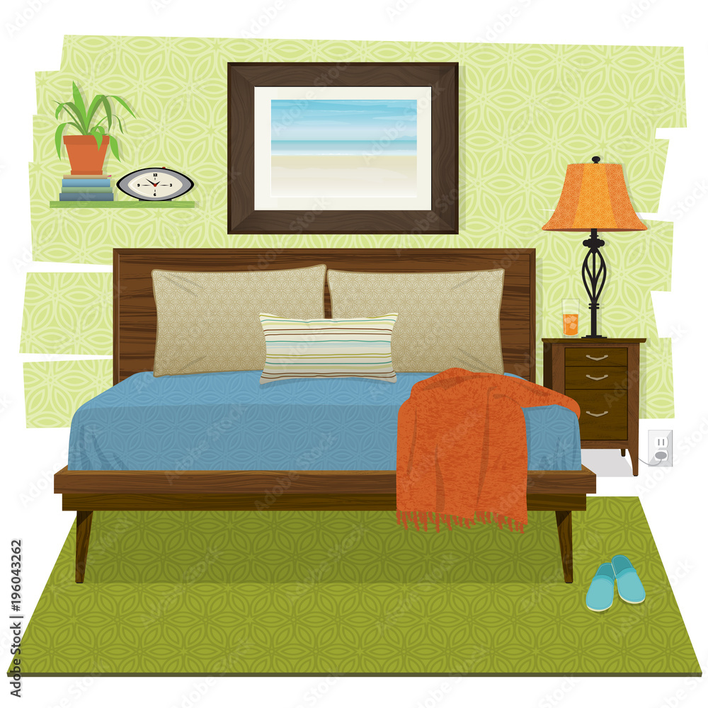 Stylized and cozy bedroom scene. Wooden bed frame with with stylish bed