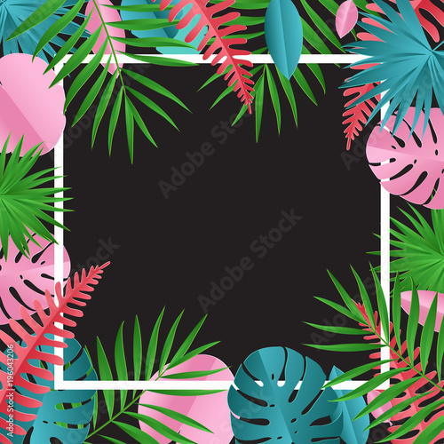 Tropical paper palm, monstera leaves frame. Summer tropical leaf. Origami exotic hawaiian jungle, summertime background