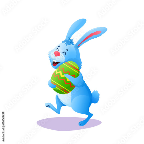 Blue cartoon Easter rabbit running with paschal egg isolated on white background. Flat happy easter Bunny Cute holiday character decoration for your design project. Colorful vector animal illustration