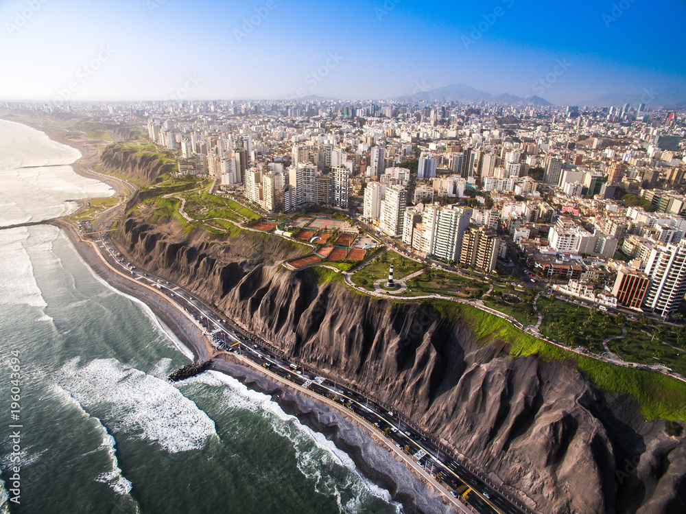 LIMA, PERU: Panoramic view of Lima from Miraflores. - obrazy, fototapety, plakaty 