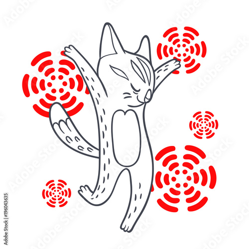 Vector hand drawn illustration of funny dancing cat on disco party. Cute animal character with neon lights on background. Contour sketch.
