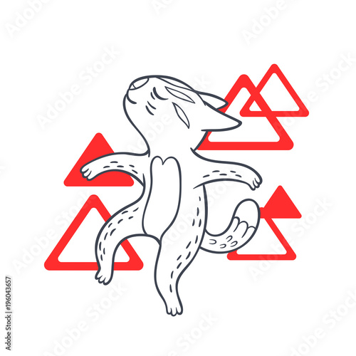 Vector hand drawn illustration of funny dancing cat on disco party. Cute animal character with neon lights on background. Contour sketch.