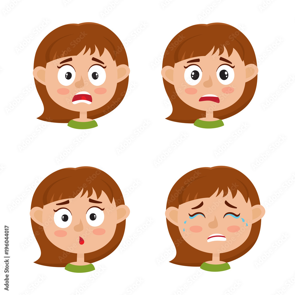 Little girl scared face expression, set of cartoon vector