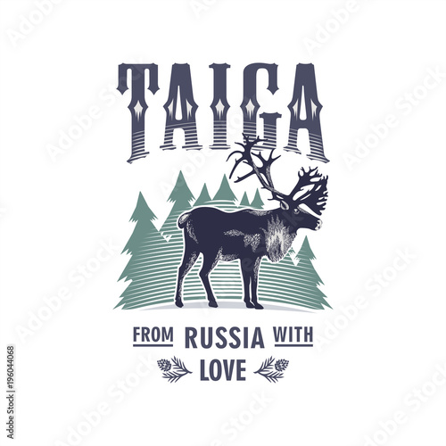 Тайга, Северный Олень на фоне елей, Россия, любовь, иллюстрация, вектор
