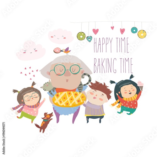 Granny and her grandchildren with cake