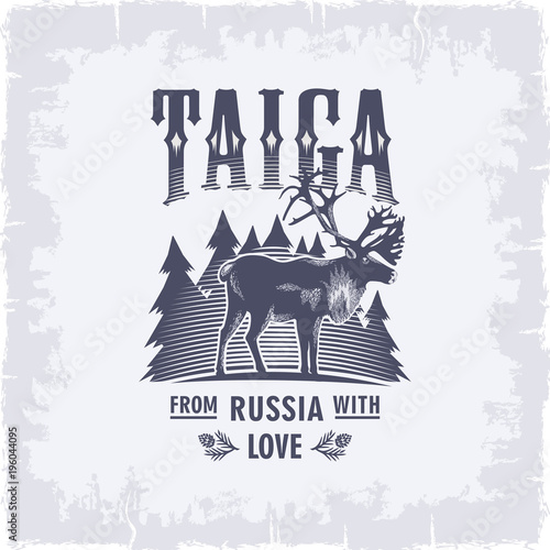 Тайга, Северный Олень на фоне елей, в синем цвете, Россия, любовь, винтаж, иллюстрация, вектор