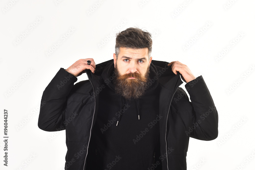 Man with calm face dressing warm clothes, isolated on white Man with calm face dressing warm clothes, isolated on white
