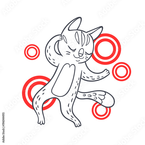 Vector hand drawn illustration of funny dancing cat on disco party. Cute animal character with neon lights on background. Contour sketch.