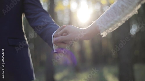 Bride and groom hold hands close up showing rings no face sunlight lens flare nature background. Newlyweds walk in park forest love care togetherness. Nuptial bridal fashion connection family