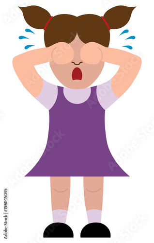 An unhappy flat vector cartoon little girl is crying her eyes out